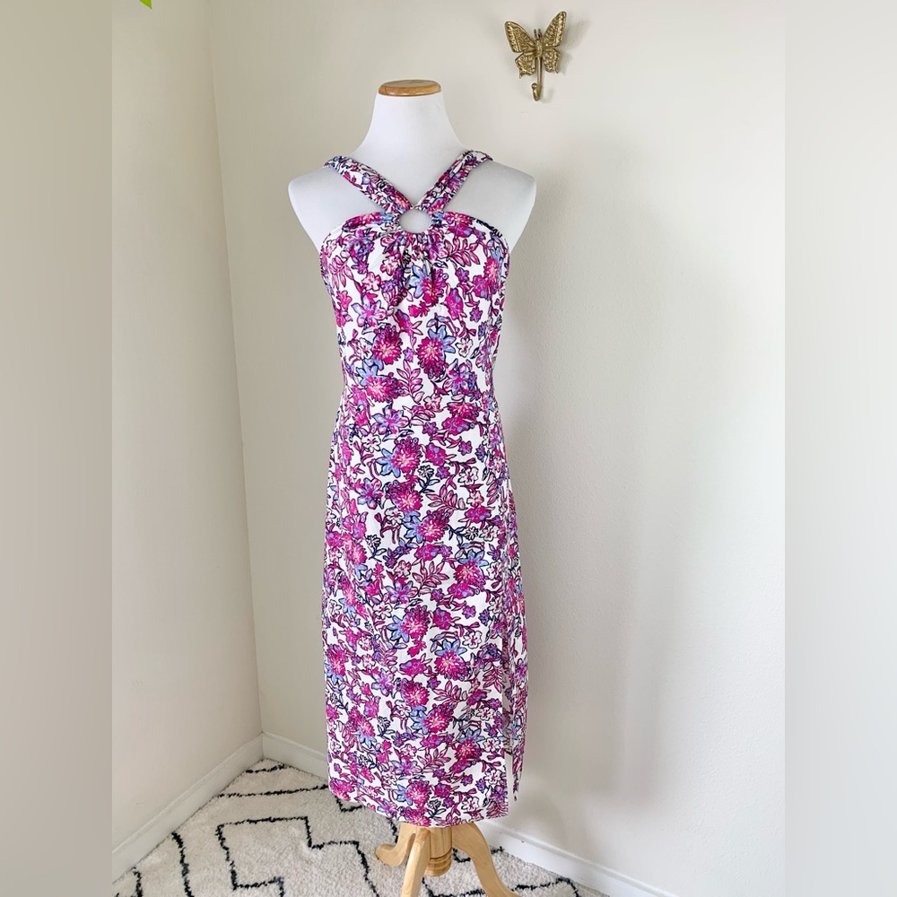 French Connection Fontini Cotton Ring-Halter Purple Floral Midi Dress - Picture 2 of 11